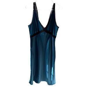 House of Harlow 1960 Maxi Satin Lace Slip Dress Teal Black L EUC Moody Romantic